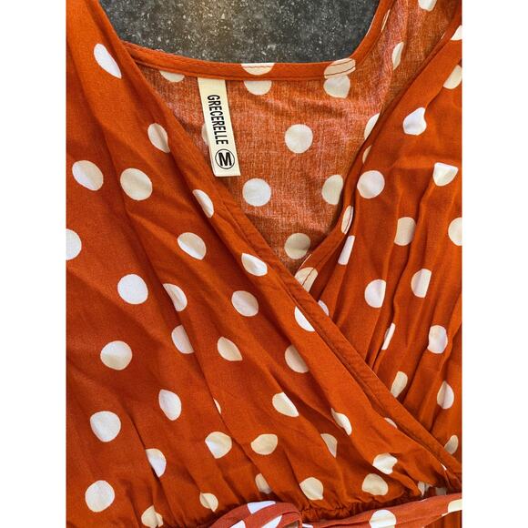 GRECERELLE Polka Dot Wrap High-Low Maxi Dress, Orange, M, Pre-Owned - Picture 4 of 10